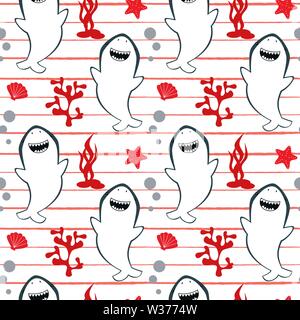 Carino grazioso cartoon estate marine striped vettore seamless pattern illustrazione dello sfondo con gli squali, conchiglie, coralli e starfishes Illustrazione Vettoriale