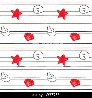 Carino grazioso cartoon estate marine striped vettore seamless pattern illustrazione dello sfondo con conchiglie e starfishes Illustrazione Vettoriale