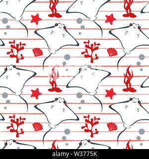 Carino grazioso cartoon estate marine striped vettore seamless pattern illustrazione dello sfondo con stingray, conchiglie, coralli e starfishes Illustrazione Vettoriale