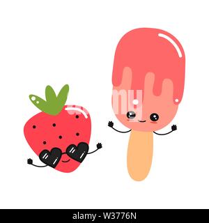 Cartoon carino fragola con occhiali da sole e gelato carattere illustrazione vettore isolato su sfondo bianco Illustrazione Vettoriale