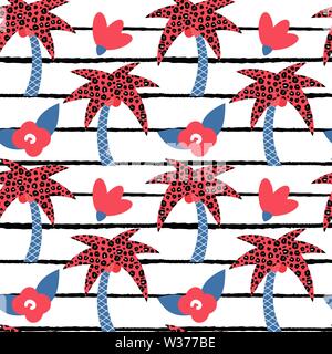 Carino bella estate moderno vettore perfetta illustrazione del modello con disegnati a mano palme e fiori in bianco e nero a strisce sullo sfondo Illustrazione Vettoriale