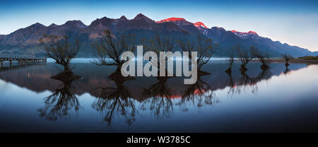 La famosa fila di salici a Glenorchy, Isola del Sud, Nuova Zelanda. Situato vicino a Queenstown, Glenorchy è un paradiso neozelandese e popolare turista Foto Stock