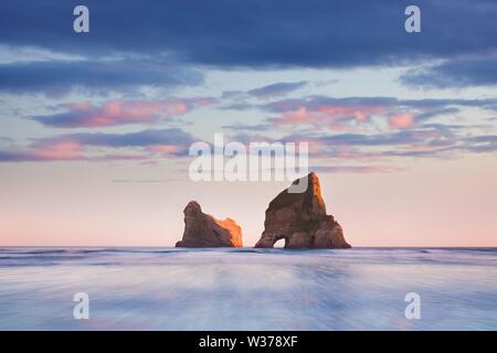 Isole rocciose, dune di sabbia, Wharariki Beach, Golden Bay, Nelson District, Southland, Nuova Zelanda Romantico paesaggio sfondo stack di mare su Wharariki Foto Stock