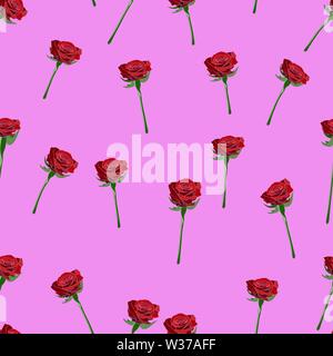 Vector seamless pattern con rosa rossa pulsante sullo stelo e filiali su un sfondo rosa. Illustrazione Vettoriale