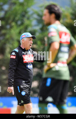 Dimaro, Italia. 13 Luglio, 2019. Foto di Massimo Paolone/LaPresse13 luglio 2019 Dimaro (Tn), Italia sport calcio Allenamento SSC Napoli ritiro pre-campionato di calcio di Serie A 2019/2020 - Centro sportivo di Dimaro e Folgarida Nella foto: Carlo Ancelotti, Simone Verdi Photo Massimo Paolone/LaPresse Luglio 13, 2019 Dimaro (Tn), Italia sport soccer Bologna FC formazione italiana pre campionato di Football League A TIM 2019/2020 - Dimaro e Folgarida Centro Sportivo In pic: Carlo Ancelotti, Simone Verdi Credito: LaPresse/Alamy Live News Foto Stock