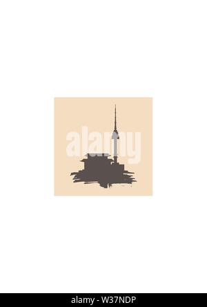 Torre di Namsan a Seoul e icone pagoda in stile semplice su grunge tratto di pennello Illustrazione Vettoriale