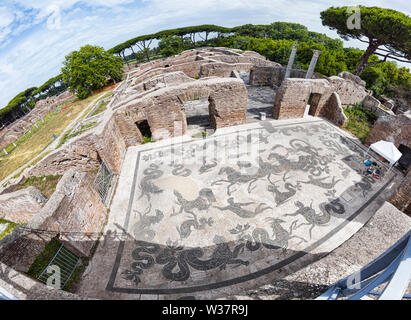 Vista panoramica di le Terme di Nettuno in scavi archeologici di Ostia Antica con il famoso mosaico raffigurante il trionfo di Nettuno Foto Stock