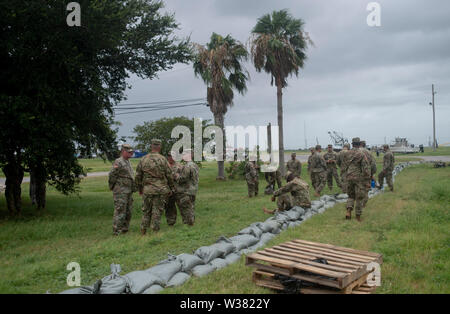 Esercito Nazionale soldati di guardia del 2225 multi-ruolo società Ponte riempire sacchi di sabbia in un marina vicino e fare altri lavori prep.New Orleans e altre parti del Golfo del Messico a preparare per la tempesta tropicale Barry per fare approdo, portando con sé un catastrofico pioggia. Con il Fiume Mississippi di acqua al livello più alto di tutti i tempi e di una formazione di tempesta nel Golfo del Messico che si prevede di fare approdo sulla Louisiana e Texas coste, sono in molti a temere che argini avrà esito negativo e che New Orleans sarà nuovamente inondati così male come è stato nel 2004 conseguenze dell'Uragano Kartina. Foto Stock