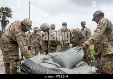 Esercito Nazionale soldati di guardia del 2225 multi-ruolo società Ponte riempire sacchi di sabbia in un marina vicino e fare altri lavori prep.New Orleans e altre parti del Golfo del Messico a preparare per la tempesta tropicale Barry per fare approdo, portando con sé un catastrofico pioggia. Con il Fiume Mississippi di acqua al livello più alto di tutti i tempi e di una formazione di tempesta nel Golfo del Messico che si prevede di fare approdo sulla Louisiana e Texas coste, sono in molti a temere che argini avrà esito negativo e che New Orleans sarà nuovamente inondati così male come è stato nel 2004 conseguenze dell'Uragano Kartina. Foto Stock