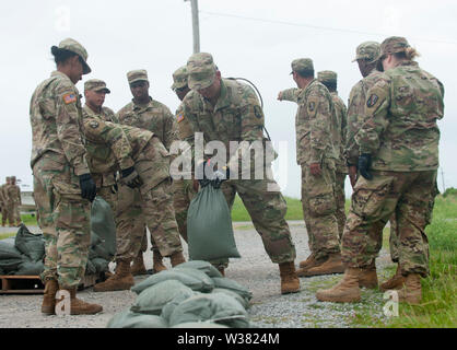 Esercito Nazionale soldati di guardia del 2225 multi-ruolo società Ponte riempire sacchi di sabbia in un marina vicino e fare altri lavori prep.New Orleans e altre parti del Golfo del Messico a preparare per la tempesta tropicale Barry per fare approdo, portando con sé un catastrofico pioggia. Con il Fiume Mississippi di acqua al livello più alto di tutti i tempi e di una formazione di tempesta nel Golfo del Messico che si prevede di fare approdo sulla Louisiana e Texas coste, sono in molti a temere che argini avrà esito negativo e che New Orleans sarà nuovamente inondati così male come è stato nel 2004 conseguenze dell'Uragano Kartina. Foto Stock