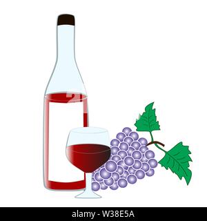 Riempito di vino, di vetro di una bottiglia di vino e un grappolo di uva isolato con sfondo bianco. Illustrazione Vettoriale