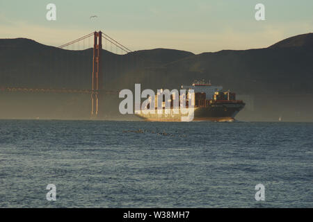 SAN FRANCISCO, CALIFORNIA, STATI UNITI - Novembre 25th, 2018: MSC Nave cargo SILVIA entrando nella baia di San Francisco sotto il Golden Gate Bridge sul suo Foto Stock