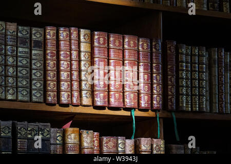 Vecchi libri d'epoca sugli scaffali della biblioteca Foto Stock
