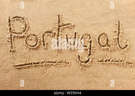 Il Portogallo Algarve spiaggia corsa di parola il concetto di scrittura Foto Stock