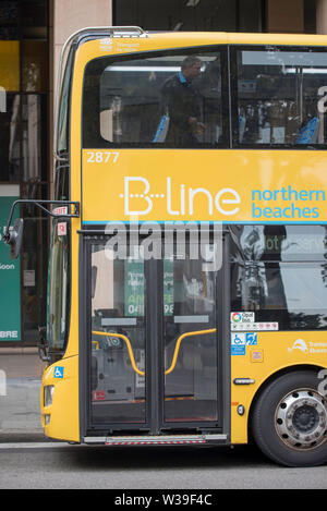 Maggio 2019: Un autista pulisce il ponte superiore di un nuovo autobus a due piani giallo B-Line parcheggiato nel centro di Sydney, Australia Foto Stock