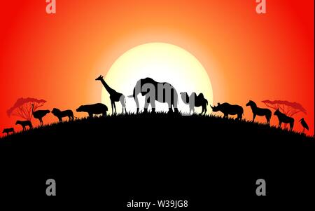 Set di animali africani silhouette sul tramonto Illustrazione Vettoriale