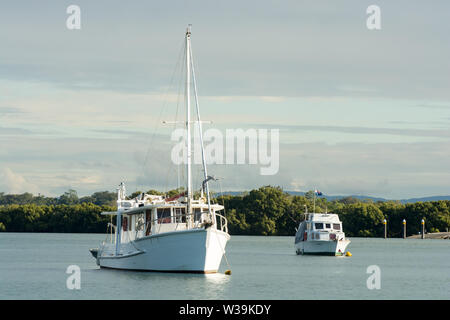 Barche ormeggiate sul fiume Caboolture con le paludi di mangrovie in background a Beachmere Queensland Australia. Foto Stock