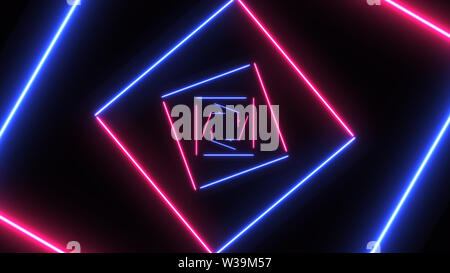 Sfondo astratto con neon piazze con luce linee in movimento veloce. Diversi colori dello sfondo. Tunnel futuristico con luci al neon. Foto Stock