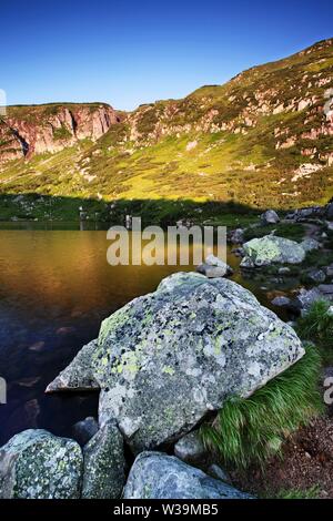 Vista sul fiume di montagna autunnale con onde sfocate, pietre fresche di muschio verde e massi sulla riva del fiume ricoperti di foglie colorate Foto Stock
