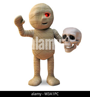 Funny cartoon mummia egiziana onde monster ciao tenendo un teschio umano, 3D render illustrazione Foto Stock