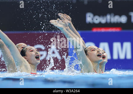 Gwangju, Corea del Sud. 14 Luglio, 2019. Gli atleti cinesi eseguire durante la squadra tecnico preliminare del nuoto artistico a Gwangju 2019 Campionati del Mondo di nuoto FINA a Gwangju, Corea del Sud, 14 luglio 2019. Credito: Wang Jingqiang/Xinhua/Alamy Live News Foto Stock