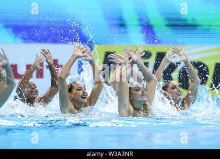 Gwangju, Corea del Sud. 14 Luglio, 2019. Gli atleti del Brasile eseguire durante la squadra tecnico preliminare del nuoto artistico a Gwangju 2019 Campionati del Mondo di nuoto FINA a Gwangju, Corea del Sud, 14 luglio 2019. Credito: Wang Jingqiang/Xinhua/Alamy Live News Foto Stock