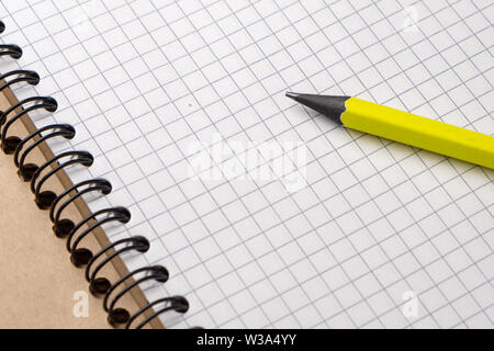 Matita gialla su un notebook con fogli in una gabbia su un tavolo di legno Foto Stock