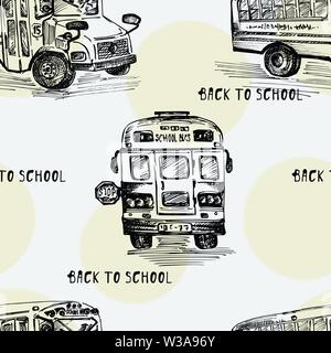 Modello senza cuciture con mano-bozzetto bus, sfondo isolato si torna a scuola tema, il concetto di istruzione in bianco e nero illustrazione vintage. Un grafico Illustrazione Vettoriale