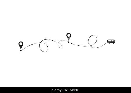Turismo e concetto di viaggio. Bus di linea percorso su sfondo bianco. Icona del vettore di linea di autobus con linea tratteggiata traccia, punto di partenza e il punto di trasferimento. Vettore Illustrazione Vettoriale