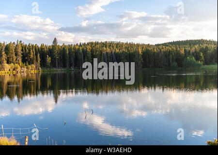 Tramonto su un piccolo lago nel Colorado Montagne Rocciose, noto come Los Lagos serbatoio numero tre. Nei pressi di Kelly Dahl il campeggio e la città di Nederland, CO. Foto Stock