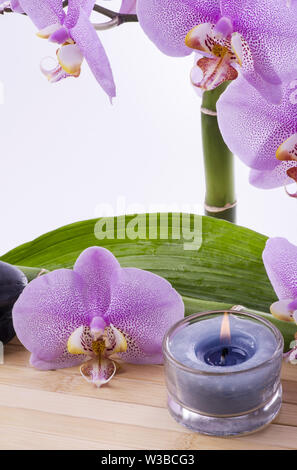 Spa.massaggio con pietre di colore nero, viola di fiori di orchidea, foglie di bambù e alcune candele aromatico Foto Stock