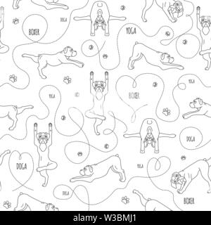 Lo Yoga pone i cani e gli esercizi. Cane Boxer seamless pattern. Linea semplice design. Illustrazione Vettoriale Illustrazione Vettoriale