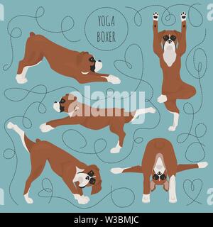 Lo Yoga pone i cani e gli esercizi. Cane Boxer clipart. Illustrazione Vettoriale Illustrazione Vettoriale