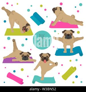 Lo Yoga pone i cani e gli esercizi. Pug clipart. Illustrazione Vettoriale Illustrazione Vettoriale