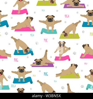 Lo Yoga pone i cani e gli esercizi. Pug seamless pattern. Illustrazione Vettoriale Illustrazione Vettoriale