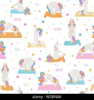 White unicorn yoga pone ed esercizi. Cartoon carino seamless pattern. Illustrazione Vettoriale Illustrazione Vettoriale