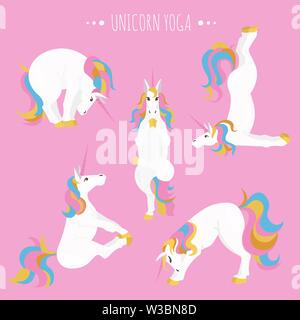 White unicorn yoga pone ed esercizi. Cartoon carino clipart set. Illustrazione Vettoriale Illustrazione Vettoriale