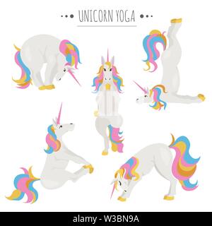 White unicorn yoga pone ed esercizi. Cartoon carino clipart set. Illustrazione Vettoriale Illustrazione Vettoriale