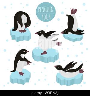 Penguin yoga pone ed esercizi. Cartoon carino clipart set. Illustrazione Vettoriale Illustrazione Vettoriale