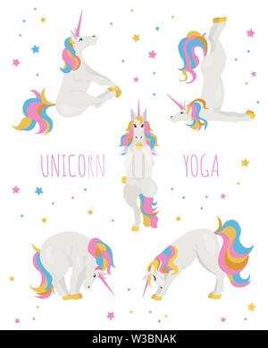 White unicorn yoga pone ed esercizi. Cartoon carino clipart set. Illustrazione Vettoriale Illustrazione Vettoriale