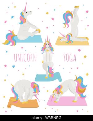 White unicorn yoga pone ed esercizi. Cartoon carino clipart set. Illustrazione Vettoriale Illustrazione Vettoriale