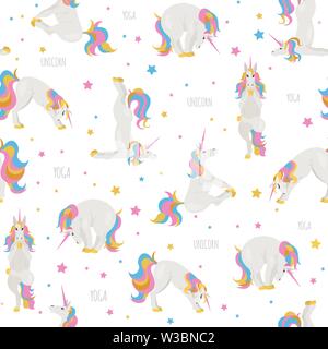 White unicorn yoga pone ed esercizi. Cartoon carino seamless pattern. Illustrazione Vettoriale Illustrazione Vettoriale