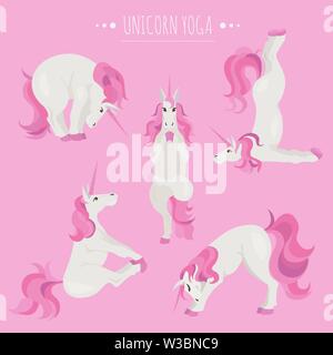 White unicorn yoga pone ed esercizi. Cartoon carino clipart set. Illustrazione Vettoriale Illustrazione Vettoriale