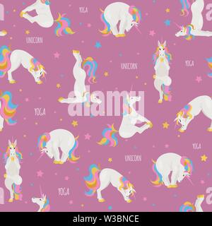 White unicorn yoga pone ed esercizi. Cartoon carino seamless pattern. Illustrazione Vettoriale Illustrazione Vettoriale