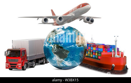 Global Delivery concetto. Il nolo aereo, cargo e spedizione in tutto il mondo il trasporto merci. 3D rendering isolati su sfondo bianco Foto Stock