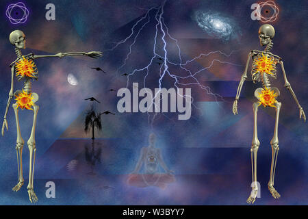 Composizione spirituale con scheletri, atom modello. Gli uomini figura in lotus pongono Foto Stock