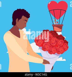 Uomo con bouquet e donna sul pallone aerostatico illustrazione vettoriale Illustrazione Vettoriale
