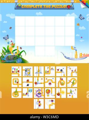 Gioco didattico e di intrattenimento per bambini e adulti. Tagliare e completare il puzzle. Puzzle di matematica del foglio di lavoro e succo di frutta Illustrazione Vettoriale