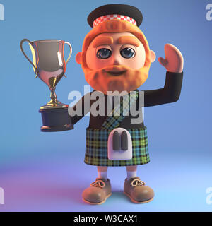 Champion cartoon 3d uomo scozzese in kilt con Red Beard detiene la Gold Cup Trofeo premio fino ad alta, 3D render illustrazione Foto Stock