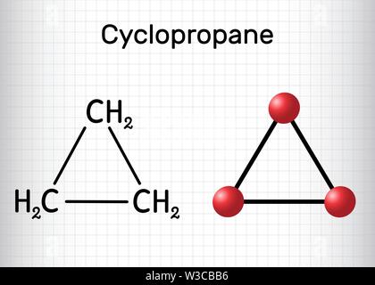 Ciclopropano cicloalcano molecola. Si tratta di un anestetico per inalazione. Foglio di carta in una gabbia.strutturali di formula chimica e la molecola modello. Il vettore Illustrazione Vettoriale